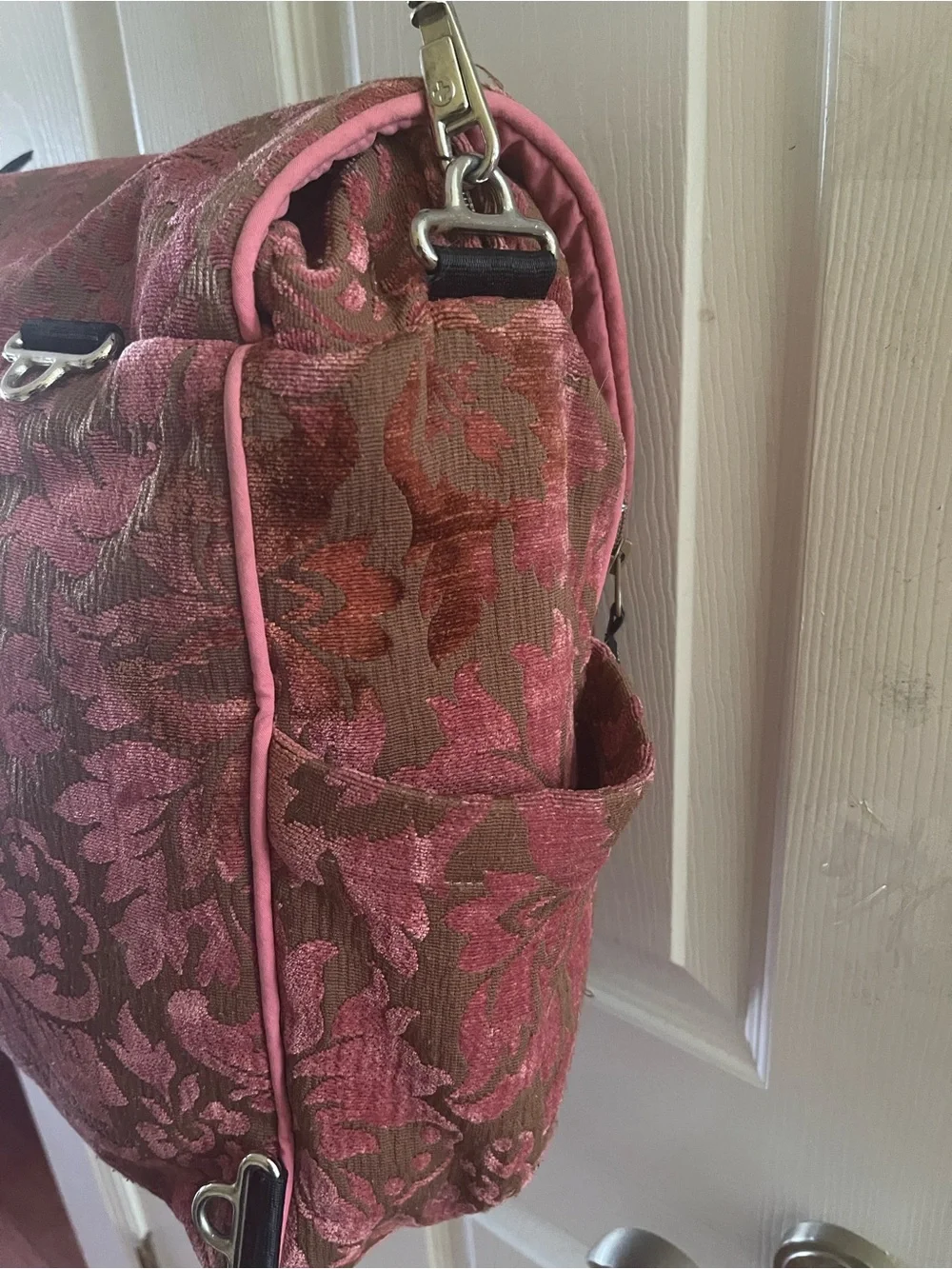 Petunia Pickle Bottom Pink Floral Jacquard Messenger Diaper Bag with Black Strap